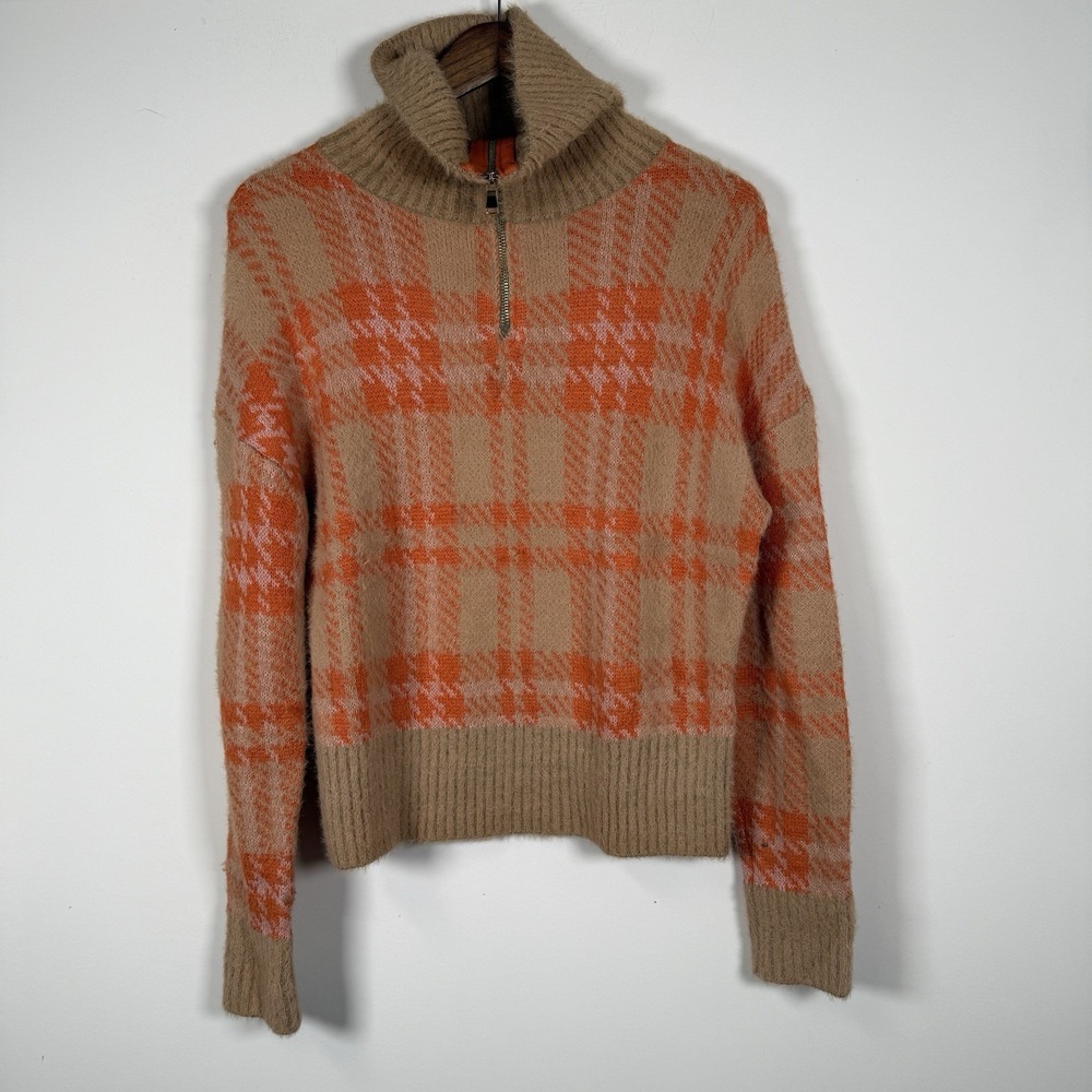 Broadway 38 Women's‎ 1/4 Zip Houndstooth Plaid Fuzzy Sweater Orange Pink Tan Med
